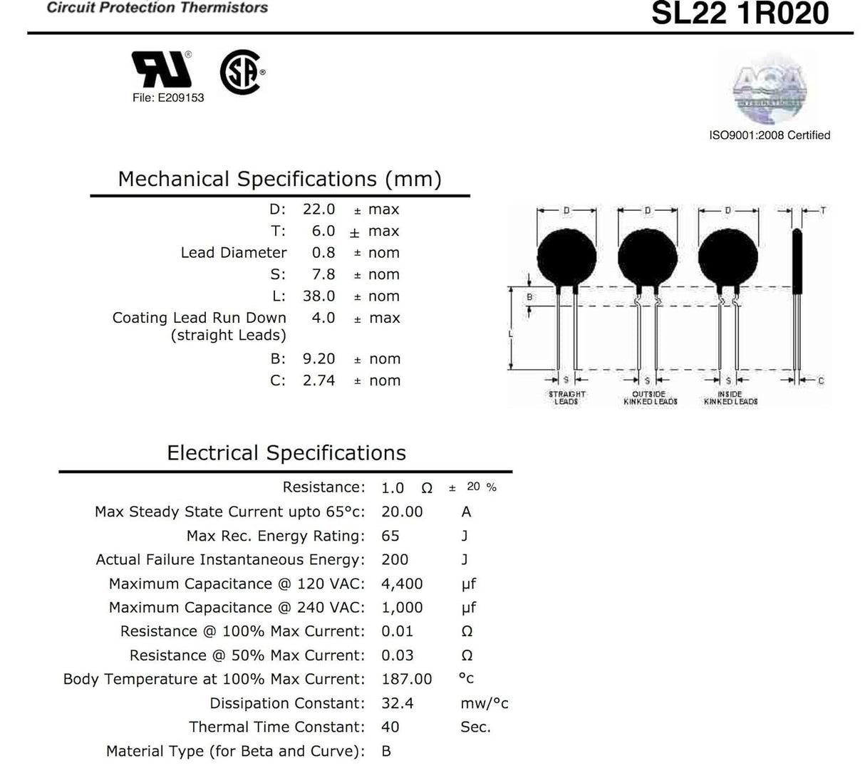Ametherm SL22 1R020 (Pack of 2) NTC THERMISTOR,ICL 1 OHM 20% 20A 22MM, (Also SG100, SG301)