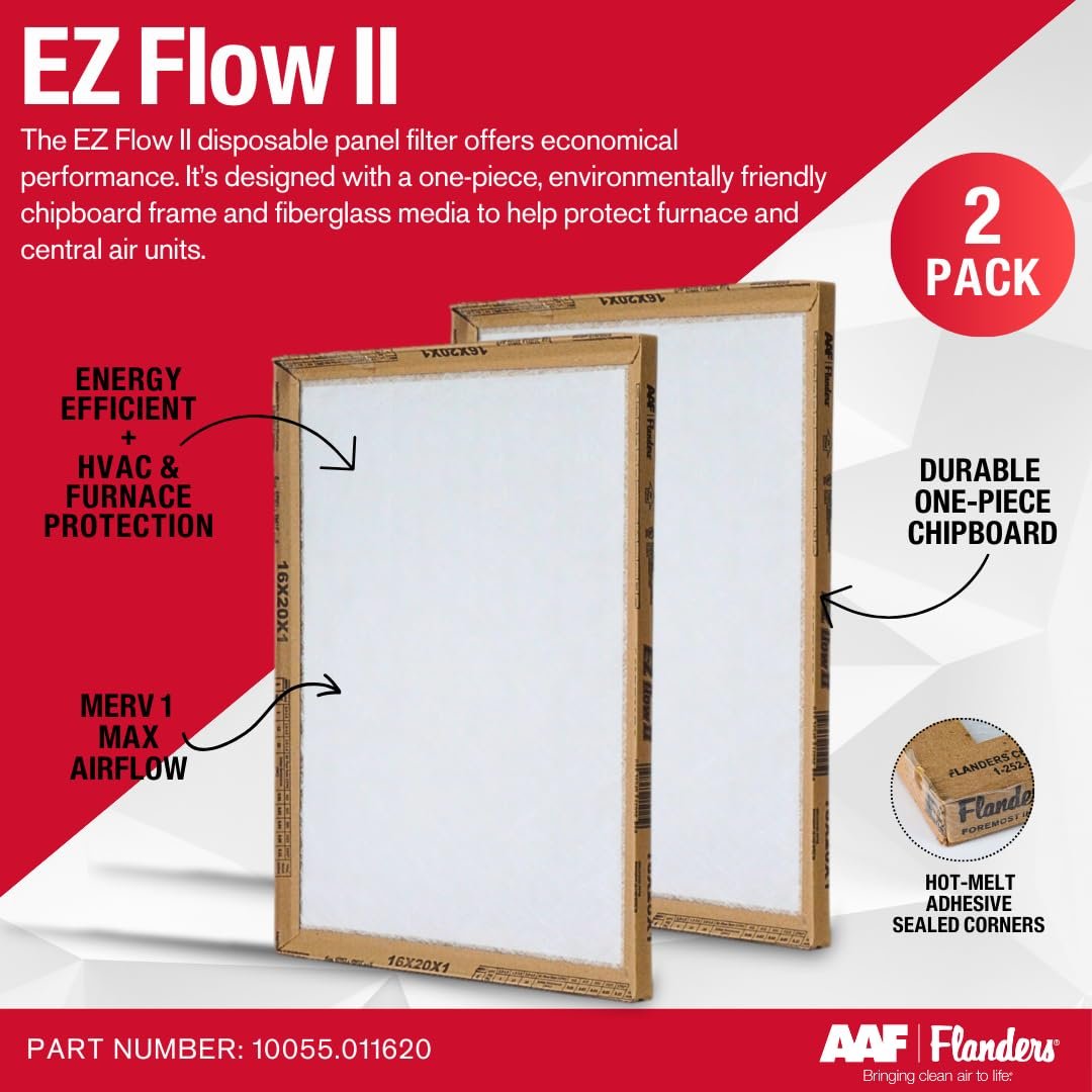 Flanders EZ-Flow II 16x20x1 Air Filters, MERV 1 - Furnace, HVAC, and AC Replacement Filter, High-Airflow Fiberglass Media, 10055.011620 (Pack of 2)