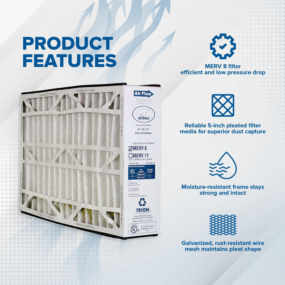 Trion 255649-105 Air Bear MERV 8 High-Performance Pleated Air Purifier Furnace Filter, Cleaner Purification Systems, 16 by 25 by 5 Inches (3 Pack)