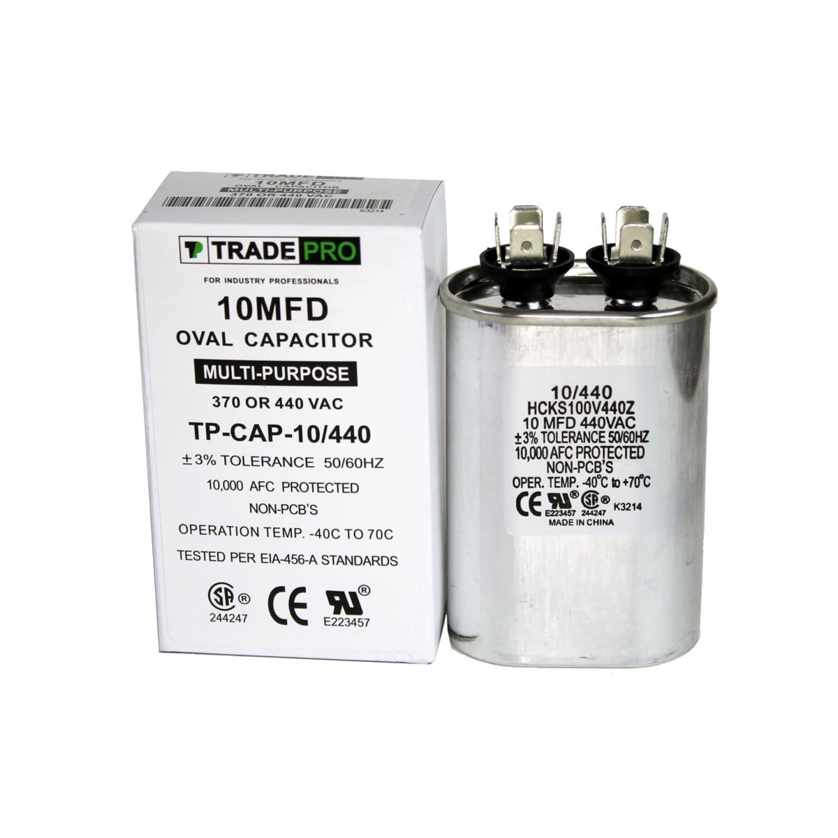 TradePro TP-CAP-10/440 Oval Run Capacitor; 10 MFD/440V; Aluminum Oil-Filled Construction; 50/60 Hz; 2" Diameter