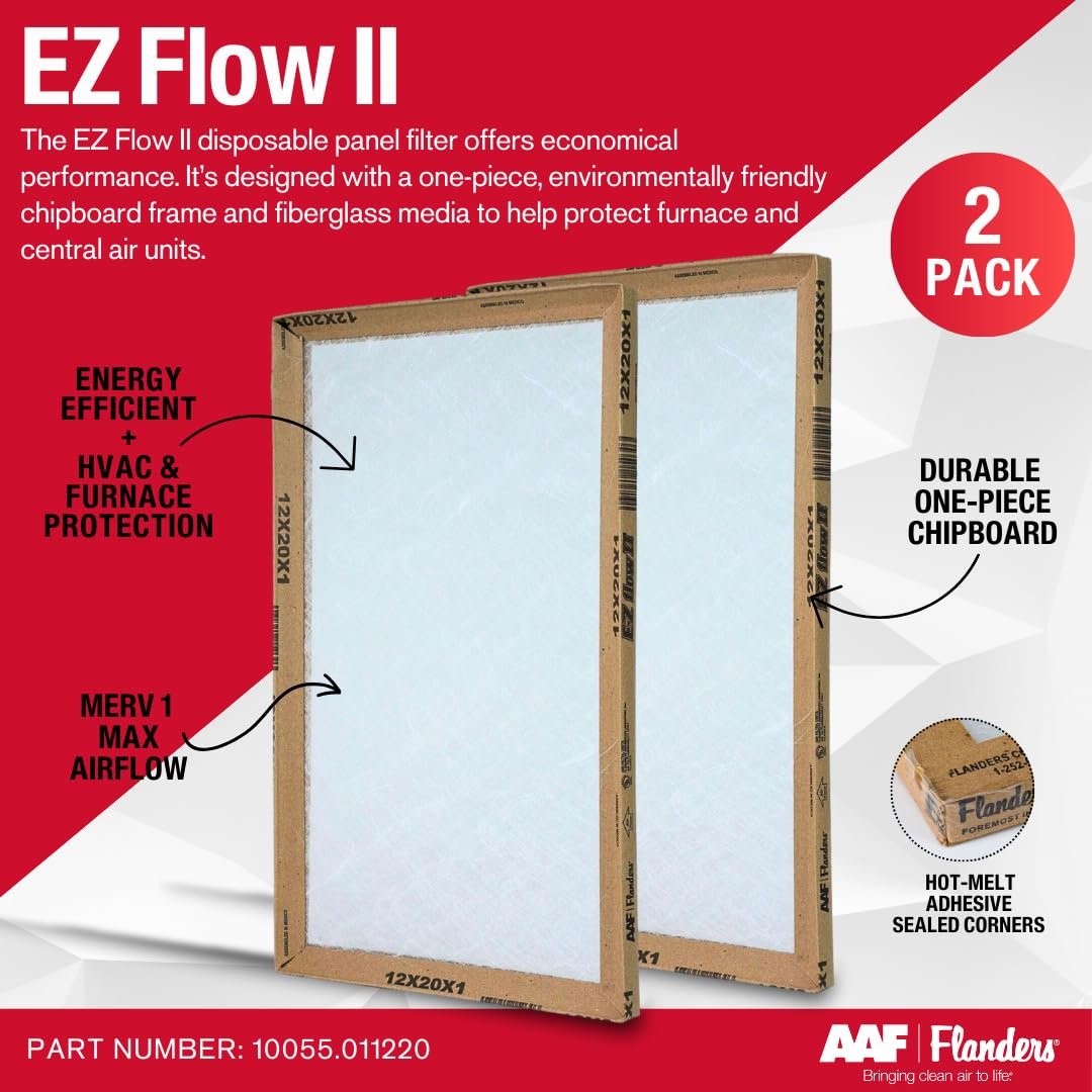 Flanders EZ-Flow II 12x20x1 Air Filters, MERV 1, Furnace, HVAC, & AC Filter - High-Airflow, Energy-Efficient, Fiberglass Media 10055.011220, (2-Pack)