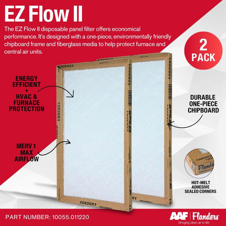 Flanders EZ-Flow II 12x20x1 Air Filters, MERV 1, Furnace, HVAC, & AC Filter - High-Airflow, Energy-Efficient, Fiberglass Media 10055.011220, (2-Pack)