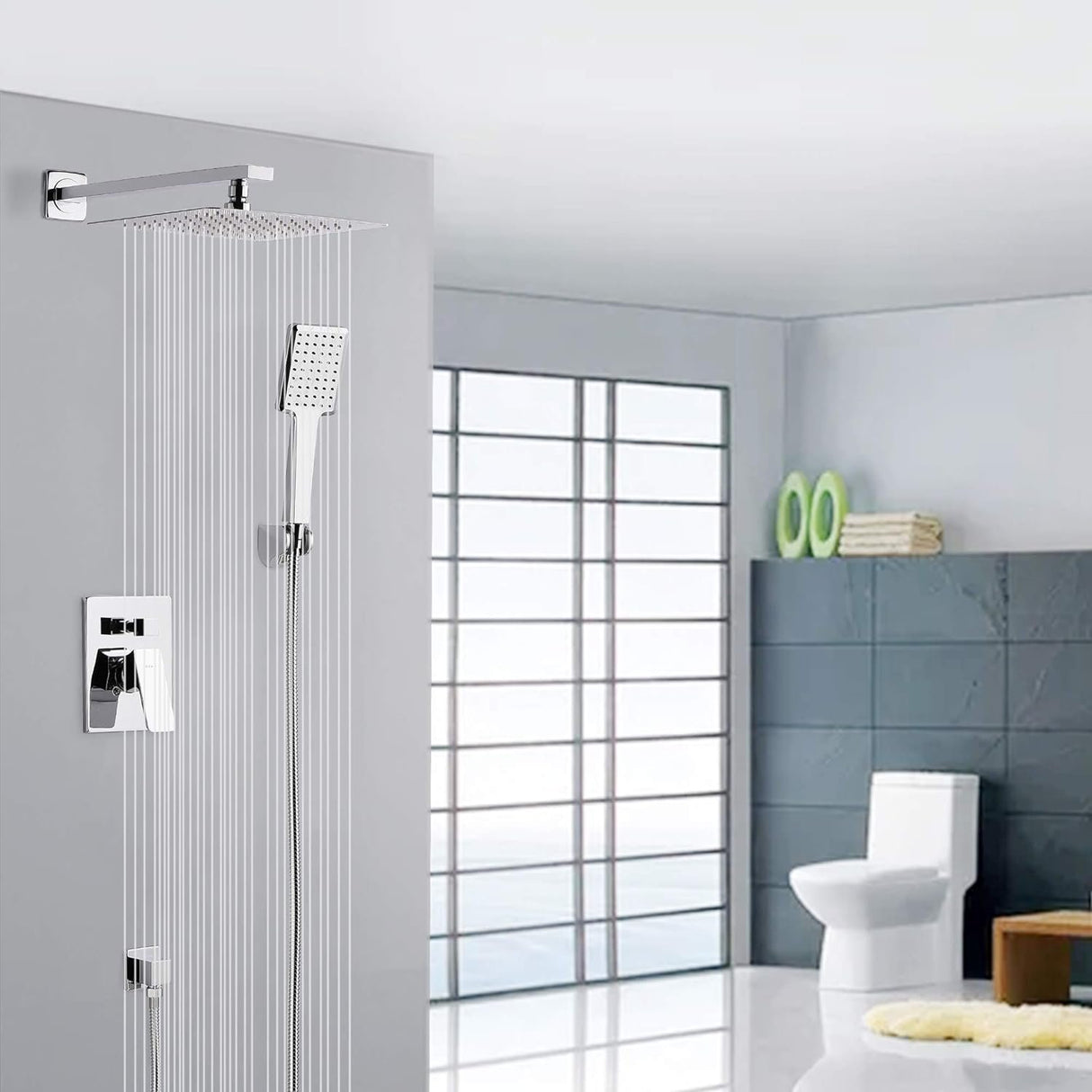 SOKA Shower Faucet Set Chrome 10 Inch Rainfall Shower Head And High Pressure Handheld Shower Head Rain Shower System Shower Trim Kit with Valve Pressure Balance Wall Mount Square Shower Combo Set