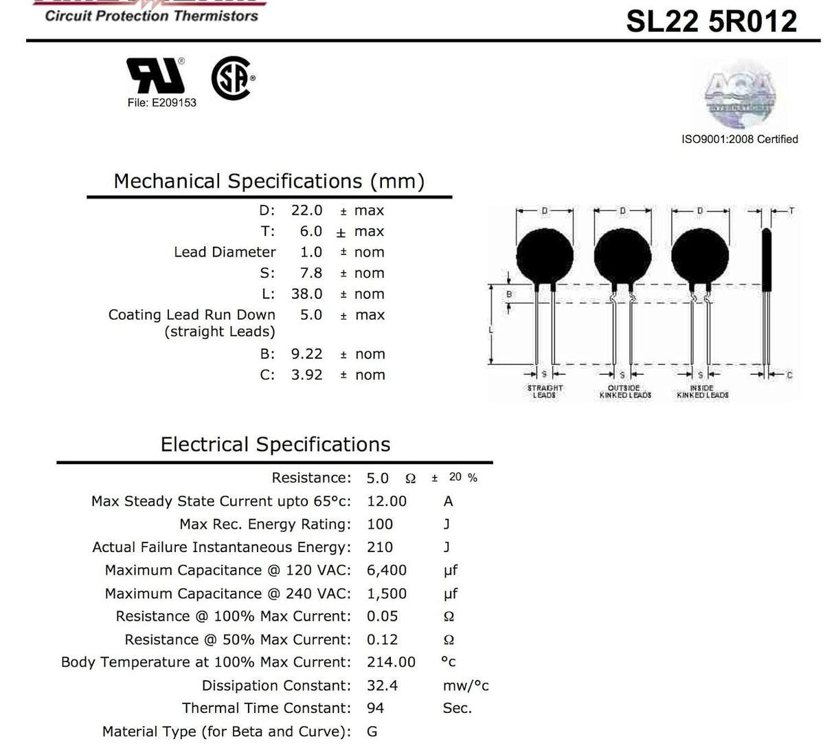 Ametherm SL22 5R012 (Pack of 2) SG26, Sg333, SCK-0512 Inrush Current Limitin, ICL 5 OHM 15% 12A 22MM