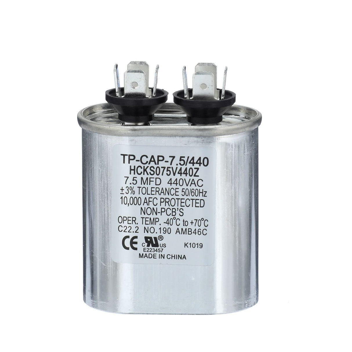 TradePro (TP-Cap-7.5/440) 7.5 MFD (Microfarads) 440 Volt Oval Single Run Capacitor | 60,000 Hour Operating Life, Aluminum Composition, -40°F to 158°F (-40°C to 70°C) Temperature Range