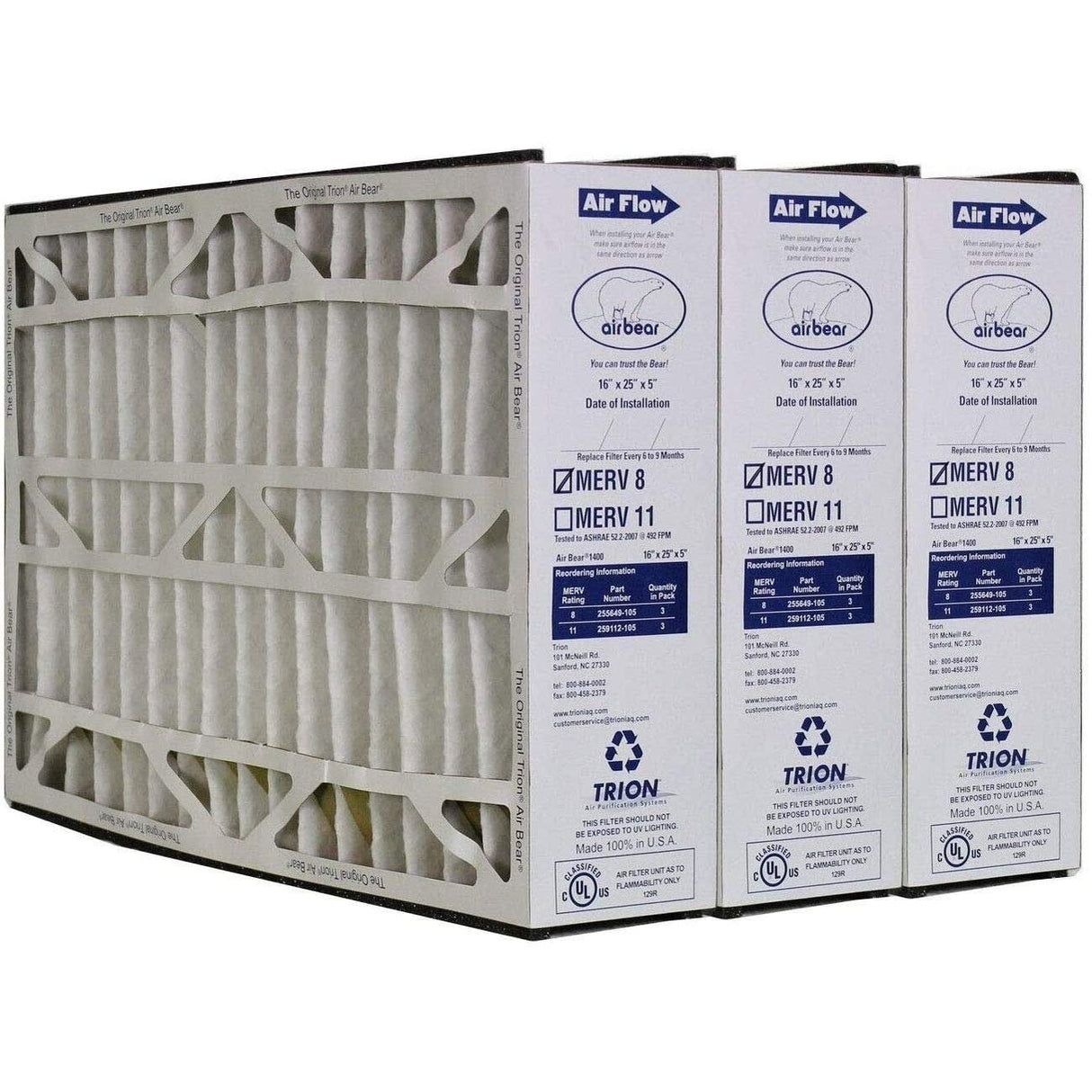 Trion 255649-105 Air Bear MERV 8 High-Performance Pleated Air Purifier Furnace Filter, Cleaner Purification Systems, 16 by 25 by 5 Inches (3 Pack)