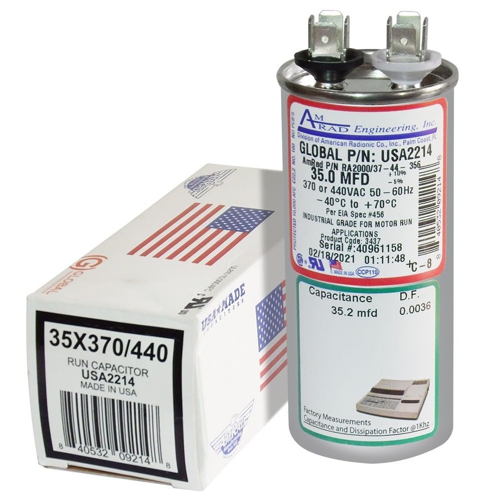 Amrad USA2214 Series Round USA-Made Motor Run Capacitor, 35 Mfd, 370/440 Vac-132329