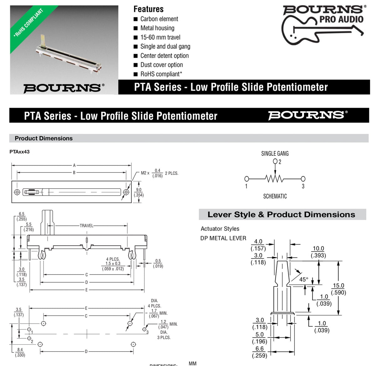 BOURNS 10K Ohm Slide Potentiometer, 100mm Travel Single Linear Taper, Carbon