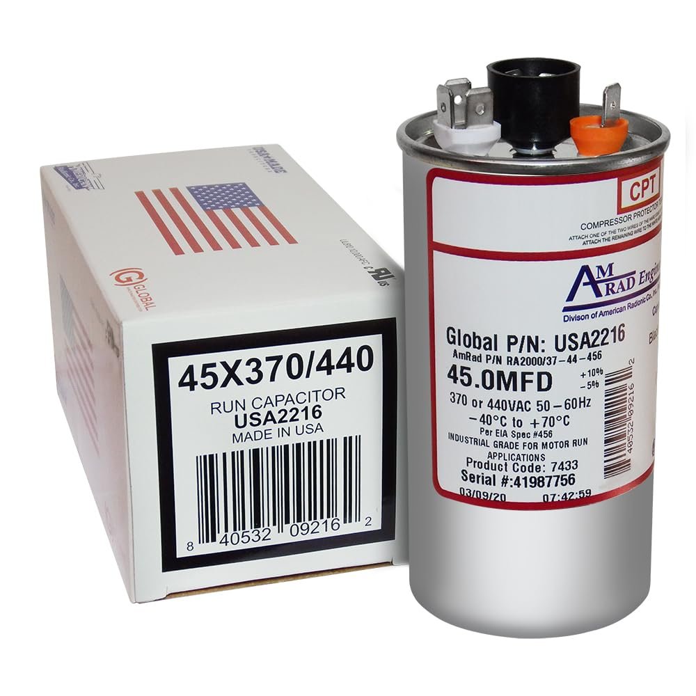 Amrad USA2216 Series Round USA-Made Motor Run Capacitor, 45 Mfd, 370/440 Vac-132331