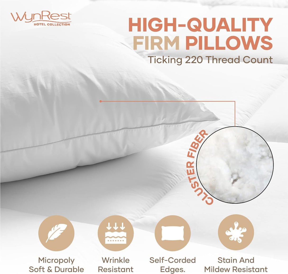 Wynrest Cluster Pillow Queen 20x30 Firm Hotel Pillow 100% Direct Firm| Used in Many Hotels & Resorts | Perfect for Back, Side, Sleepers (1, 20x30)