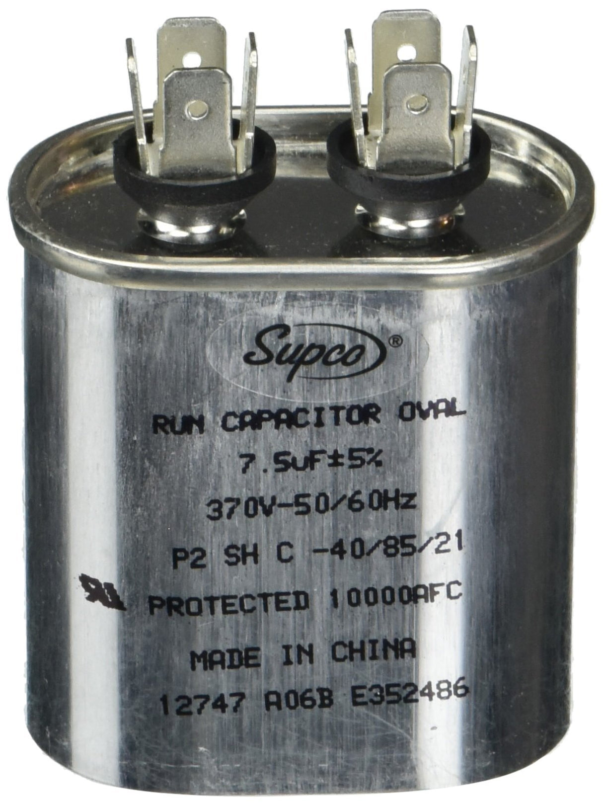 Supco Run Capacitor, Oval, 7.5 Mfd, 370 Volt, CR7.5X370