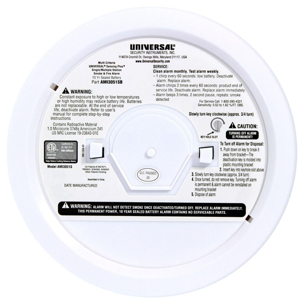 USI AMI3051SB Sensing Plus Smoke & Fire Alarm with 10 Yr Sealed Battery, 8th Edition