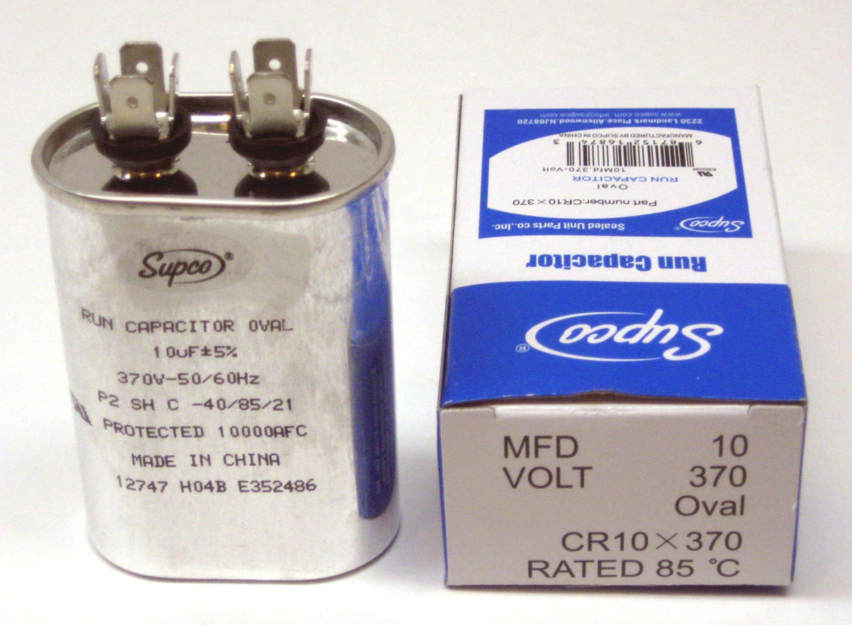 SUPCO CR10X370 Single Motor Run Capacitor, Oval, 10 Mfd x 370V, 2.75" Height, 1.25" Width, 2.00" Length