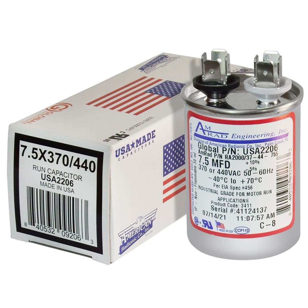 Amrad USA2206 Series Round USA-Made Motor Run Capacitor, 7.5 Mfd, 370/440 Vac-132322