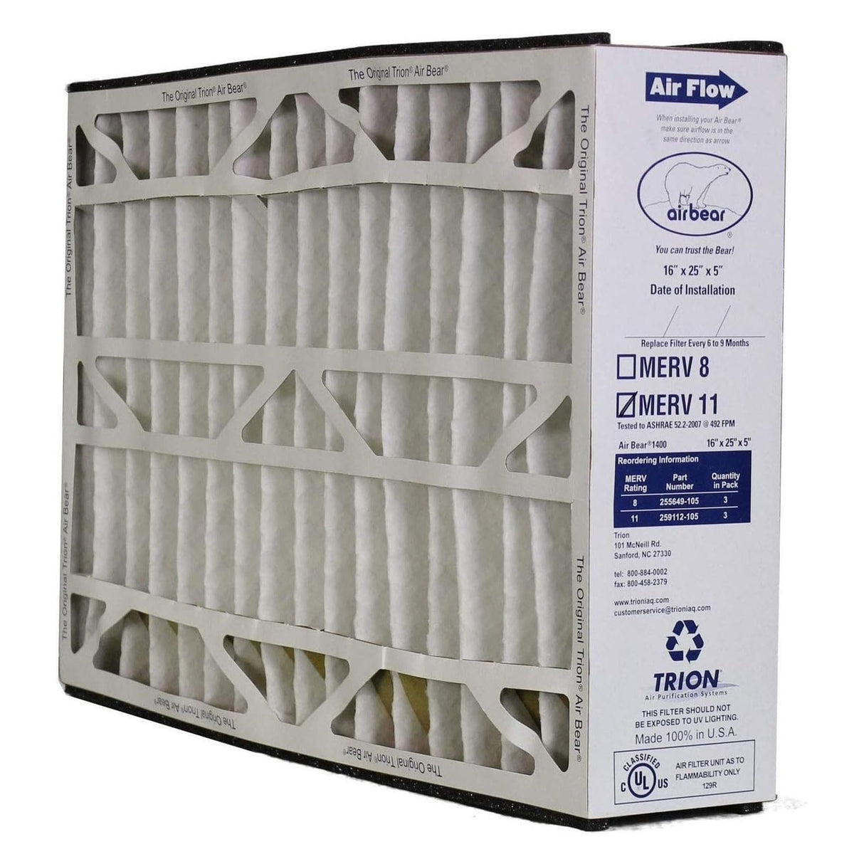 Trion Air Bear 16 x 25 x 5 Inch MERV 11 High Performance Air Purifier Filter Replacement for Air Bear Cleaner Purification Systems, White (3 Pack)