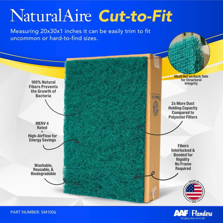 Flanders NaturalAire Reusable Air Filter 20x30x1 - Cut to Fit Material for Furnace, HVAC, & AC Vents - Washable Natural Fibers