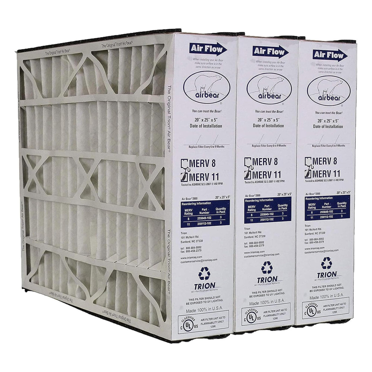 Trion 3 Pack Pleated Air Filter, Air Bear MERV 11 for HVAC/Furnace, 20x25x5 in.