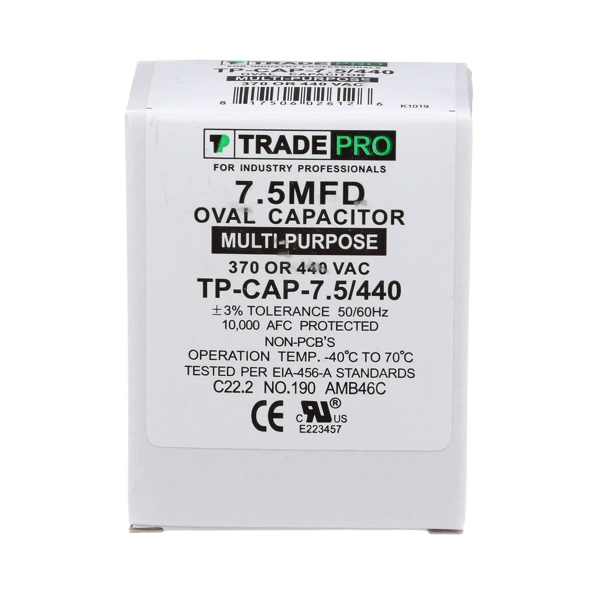 TradePro (TP-Cap-7.5/440) 7.5 MFD (Microfarads) 440 Volt Oval Single Run Capacitor | 60,000 Hour Operating Life, Aluminum Composition, -40°F to 158°F (-40°C to 70°C) Temperature Range