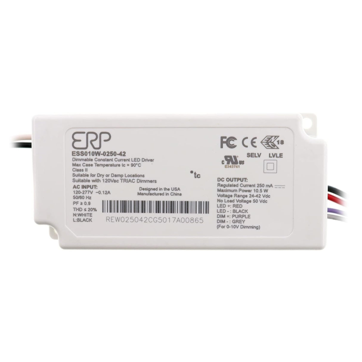 ERP POWER ESS010W-0250-42 ESS010 Series 10.5 W 250 mA 42 V Output Max Constant Current LED Driver - 1 item(s)