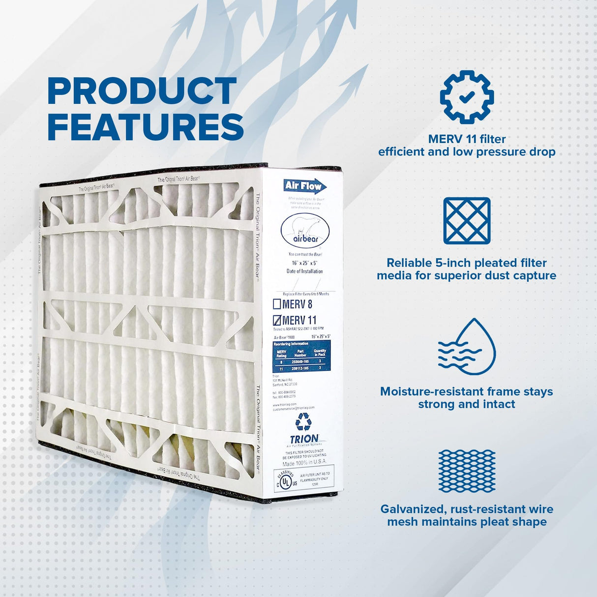 Trion Air Bear 16 x 25 x 5 Inch MERV 11 High Performance Air Purifier Filter Replacement for Air Bear Cleaner Purification Systems, White (3 Pack)