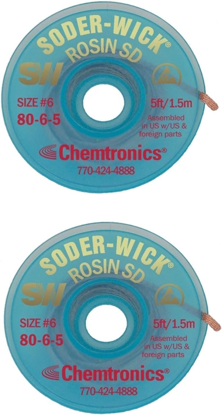 Chemtronics 80-6-5 SODER-WICK Rosin Desoldering Braid, .210 inch, 5ft on ESD Safe Spool -2 pack