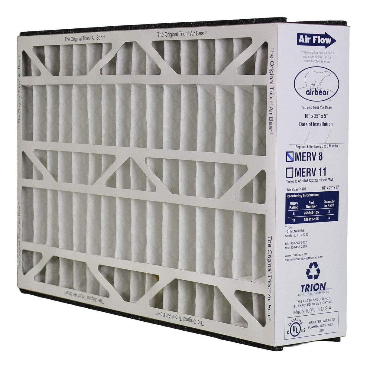 Trion 255649-105 Air Bear MERV 8 High-Performance Pleated Air Purifier Furnace Filter, Cleaner Purification Systems, 16 by 25 by 5 Inches (3 Pack)