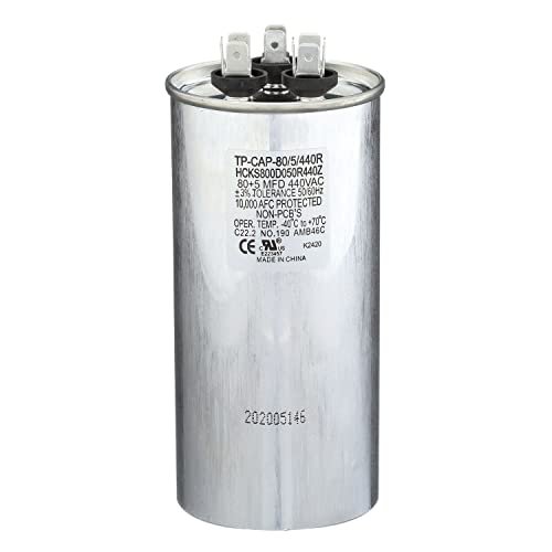 TradePro (TP-CAP-80/5/440R) 80+5 MFD (Microfarads) 440 Volt Round Dual Run Capacitor | 60,000 Hour Operating Life, Aluminum Composition, -40°F to 158°F (-40°C to 70°C) Temperature Range
