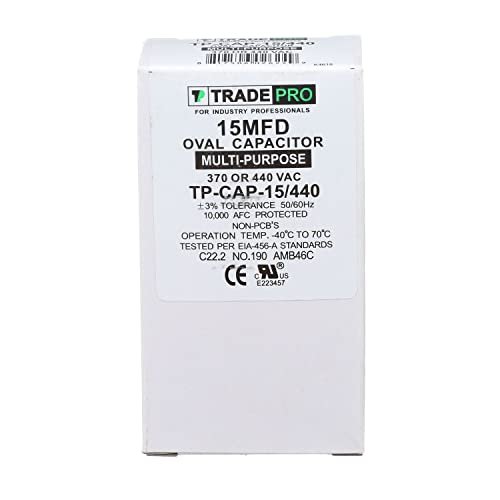 TradePro (TP-CAP-15/440) 15 MFD (Microfarads) 440 Volt Oval Single Run Capacitor | 60,000 Hour Operating Life, Aluminum Composition, -40°F to 158°F (-40°C to 70°C) Temperature Range