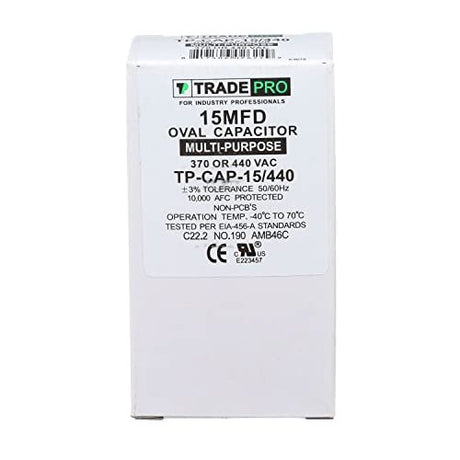 TradePro (TP-CAP-15/440) 15 MFD (Microfarads) 440 Volt Oval Single Run Capacitor | 60,000 Hour Operating Life, Aluminum Composition, -40°F to 158°F (-40°C to 70°C) Temperature Range