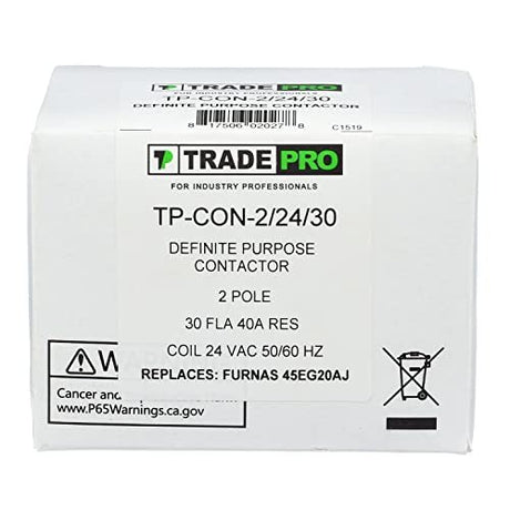 TradePro (TP-CON-2/24/30) 24 Volt 30 Amp Definite Purpose 2 Pole Contactor | 30 Full Load Amps (FLA) Rating, Silver Cadmium Oxide Contacts, -40°F to 150°F Temperature Range
