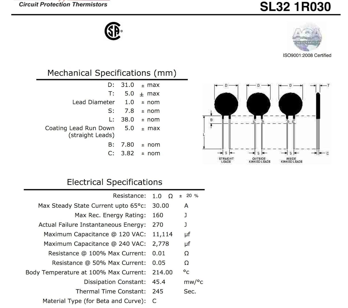 Ametherm SL32 1R030 (Pack of 2) NTC Thermistor, SG379 HVAC, Inrush Current Limiter 1 Ohm Ohm ±20% 1.18" (30mm)