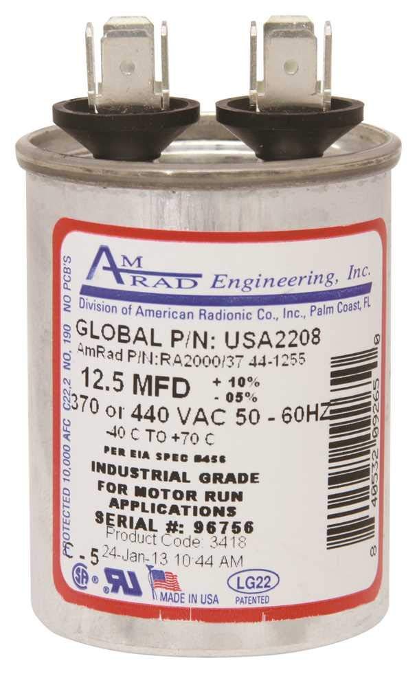 Amrad USA2208 Series Round USA-Made Motor Run Capacitor, 12.5 Mfd, 370/440 Vac-132324