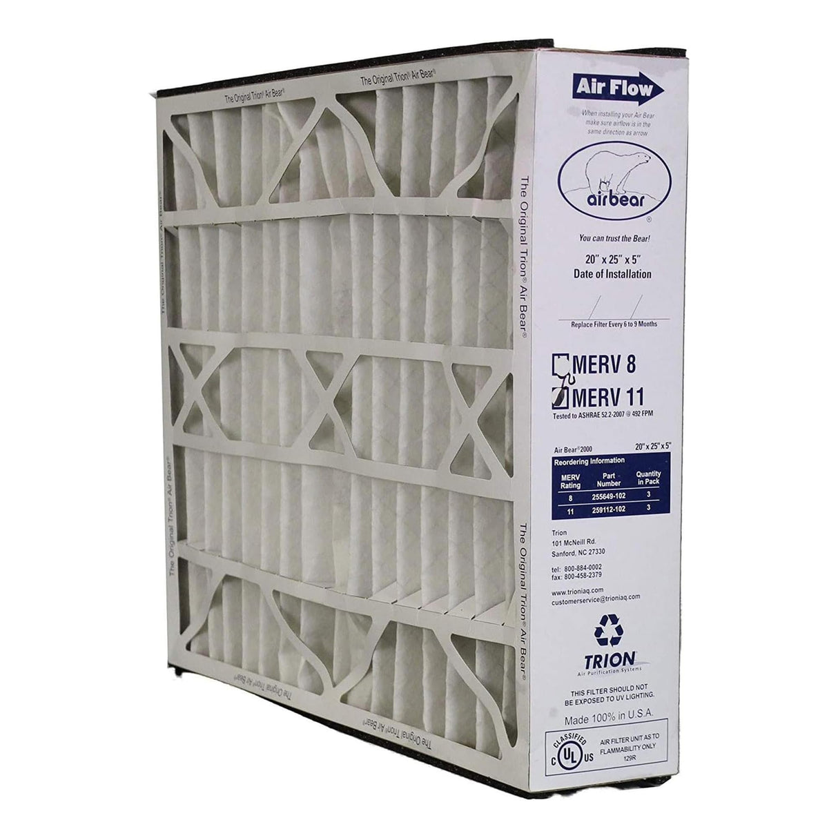 Trion 3 Pack Pleated Air Filter, Air Bear MERV 11 for HVAC/Furnace, 20x25x5 in.