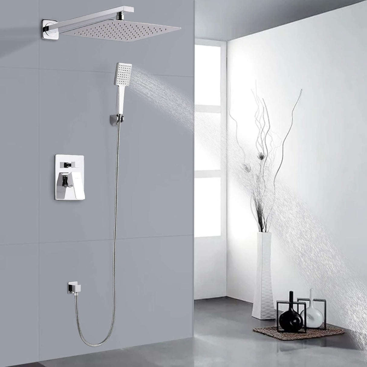 SOKA Shower Faucet Set Chrome 10 Inch Rainfall Shower Head And High Pressure Handheld Shower Head Rain Shower System Shower Trim Kit with Valve Pressure Balance Wall Mount Square Shower Combo Set