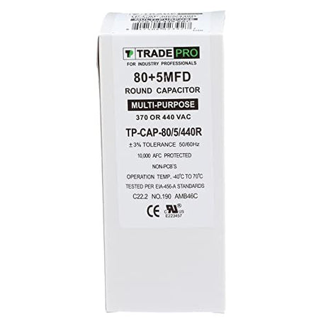 TradePro (TP-CAP-80/5/440R) 80+5 MFD (Microfarads) 440 Volt Round Dual Run Capacitor | 60,000 Hour Operating Life, Aluminum Composition, -40°F to 158°F (-40°C to 70°C) Temperature Range