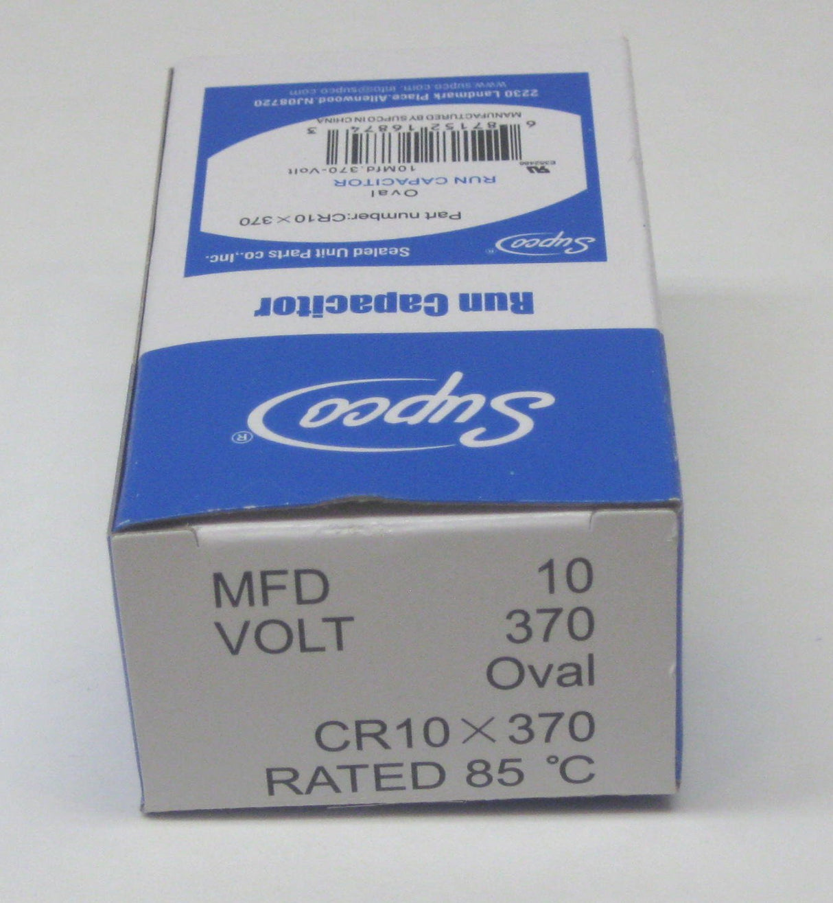SUPCO CR10X370 Single Motor Run Capacitor, Oval, 10 Mfd x 370V, 2.75" Height, 1.25" Width, 2.00" Length