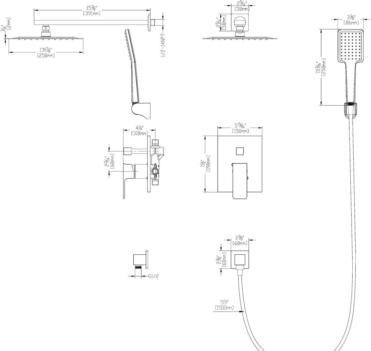 SOKA Shower Faucet Set Chrome 10 Inch Rainfall Shower Head And High Pressure Handheld Shower Head Rain Shower System Shower Trim Kit with Valve Pressure Balance Wall Mount Square Shower Combo Set