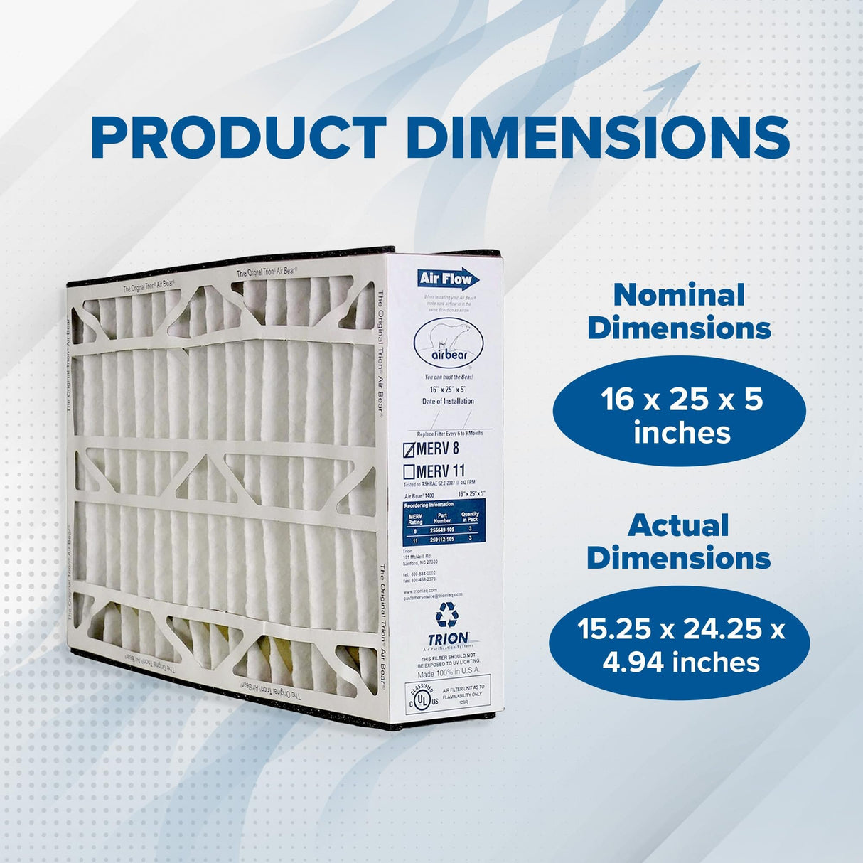 Trion 255649-105 Air Bear MERV 8 High-Performance Pleated Air Purifier Furnace Filter, Cleaner Purification Systems, 16 by 25 by 5 Inches (3 Pack)