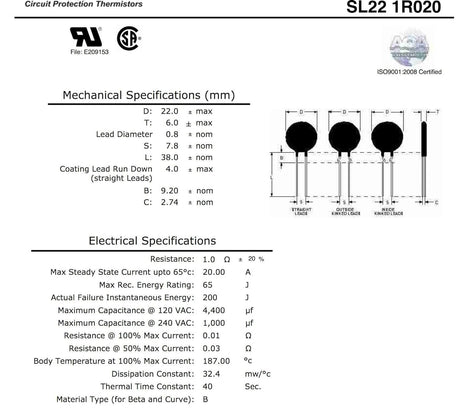 Ametherm SL22 1R020 (Pack of 2) NTC THERMISTOR,ICL 1 OHM 20% 20A 22MM, (Also SG100, SG301)