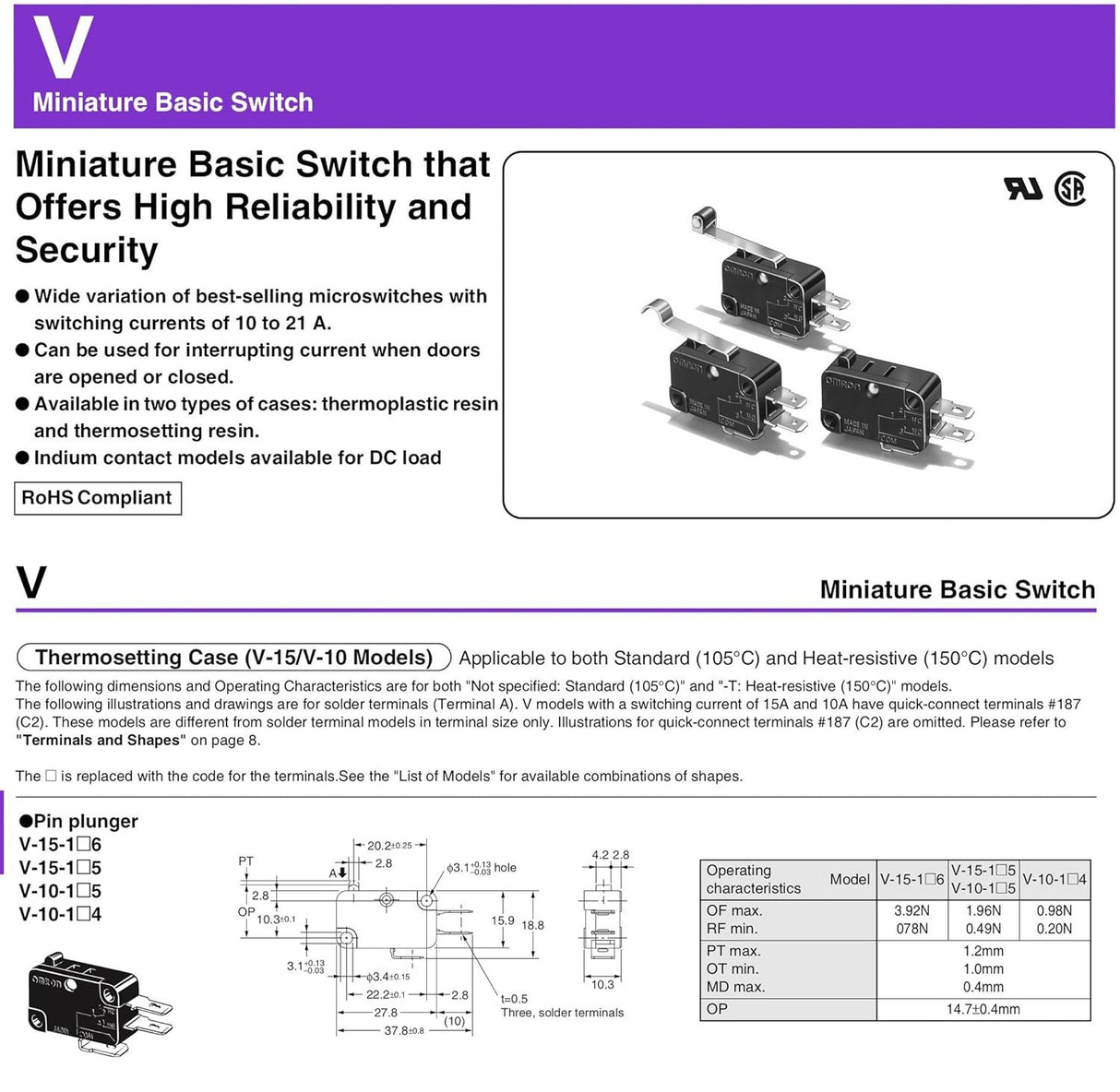 Omron Micro Limit Switch V-15-1C25 15A 125/250VAC #E66D (Pack of 2)