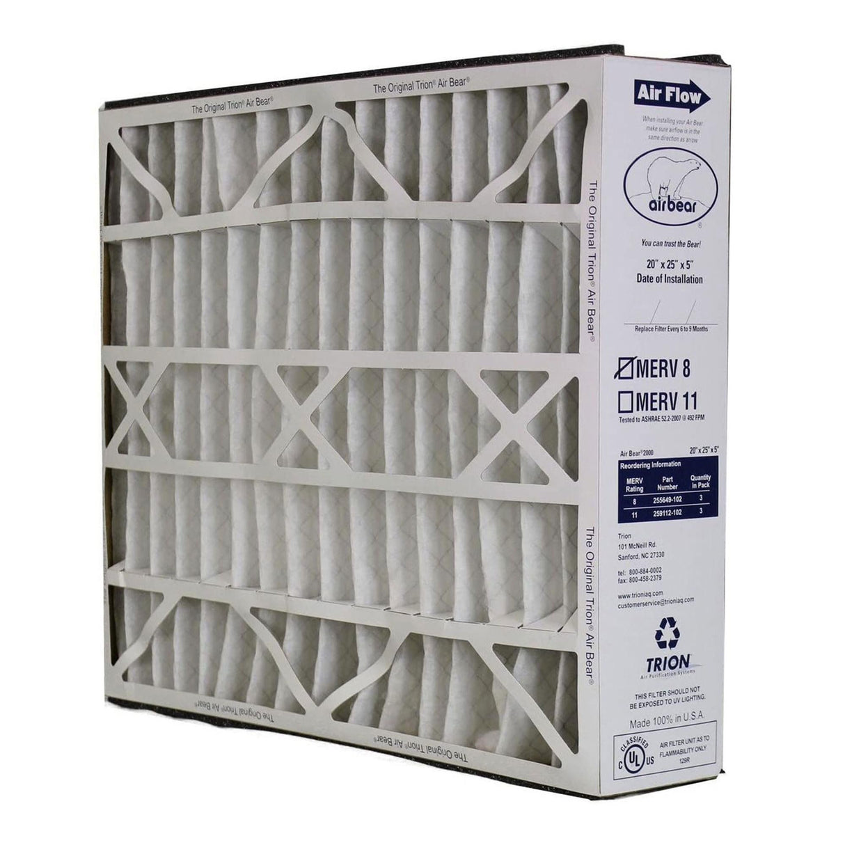 Trion 255649-102 Air Bear 20 x 25 x 5 Inch MERV 8 High Performance Air Purifier Filter Replacement for Air Bear Supreme, Right Angle, and Cub Air Cleaner Purification Systems (3 Pack)
