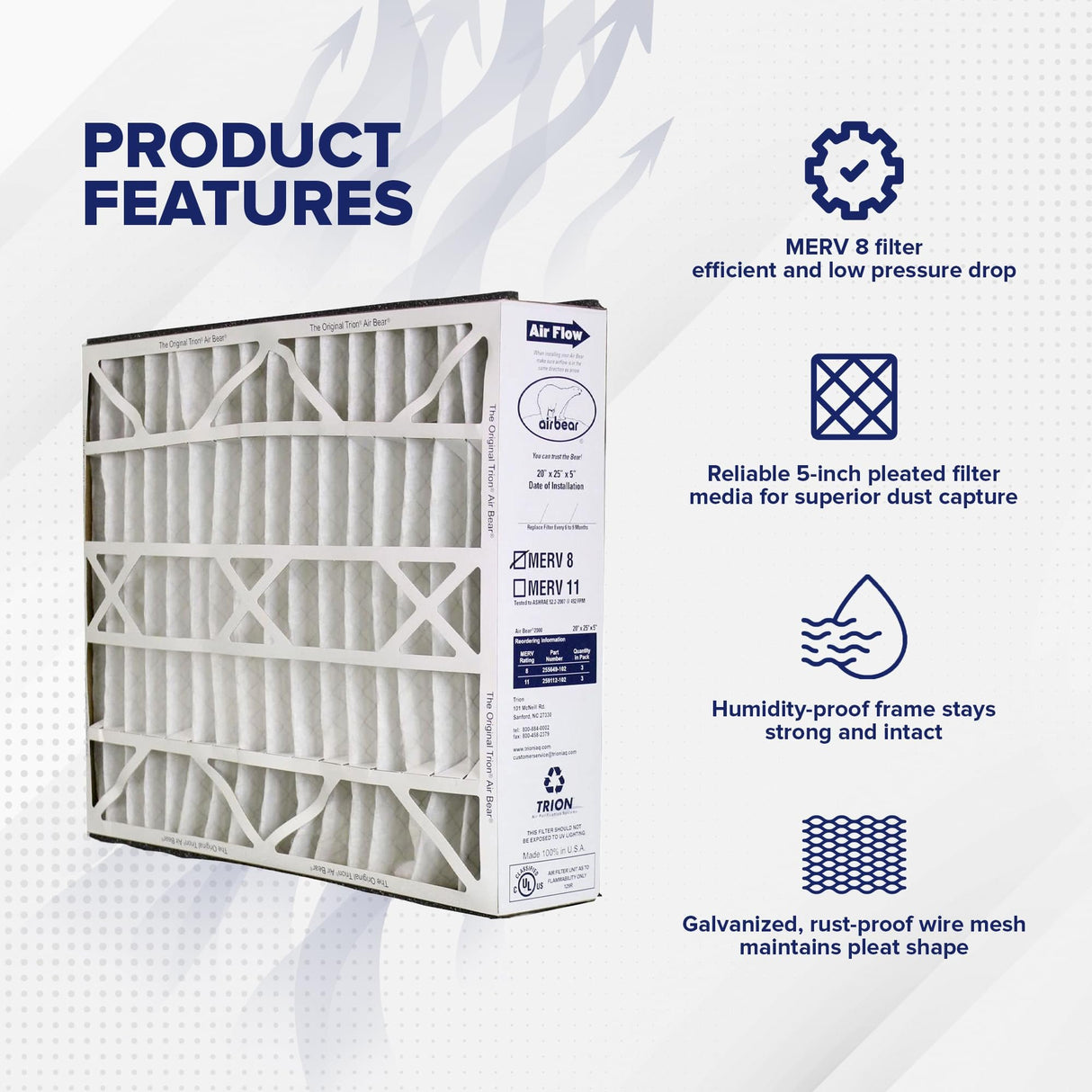 Trion 255649-102 Air Bear 20 x 25 x 5 Inch MERV 8 High Performance Air Purifier Filter Replacement for Air Bear Supreme, Right Angle, and Cub Air Cleaner Purification Systems (3 Pack)