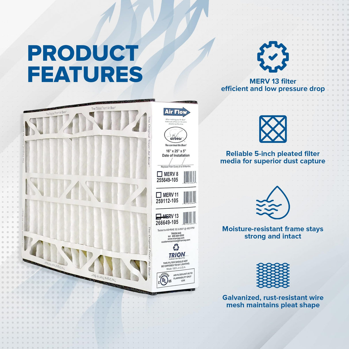 Trion Air Bear 5 Inch MERV 13 High Performance Air Purifier Filter Replacement for Air Cleaner Purification Systems, White (3 Pack)