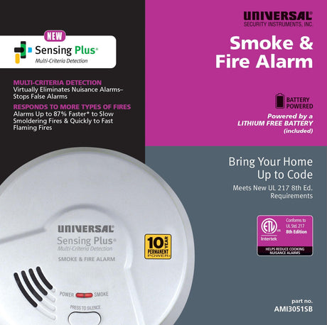 USI AMI3051SB Sensing Plus Smoke & Fire Alarm with 10 Yr Sealed Battery, 8th Edition
