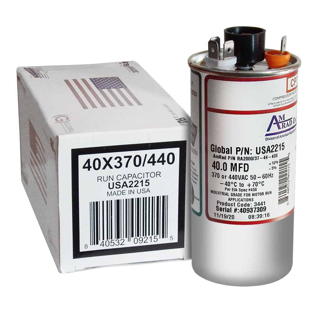 Amrad USA2215 Series Round USA-Made Motor Run Capacitor, 40 Mfd, 370/440 Vac-132330