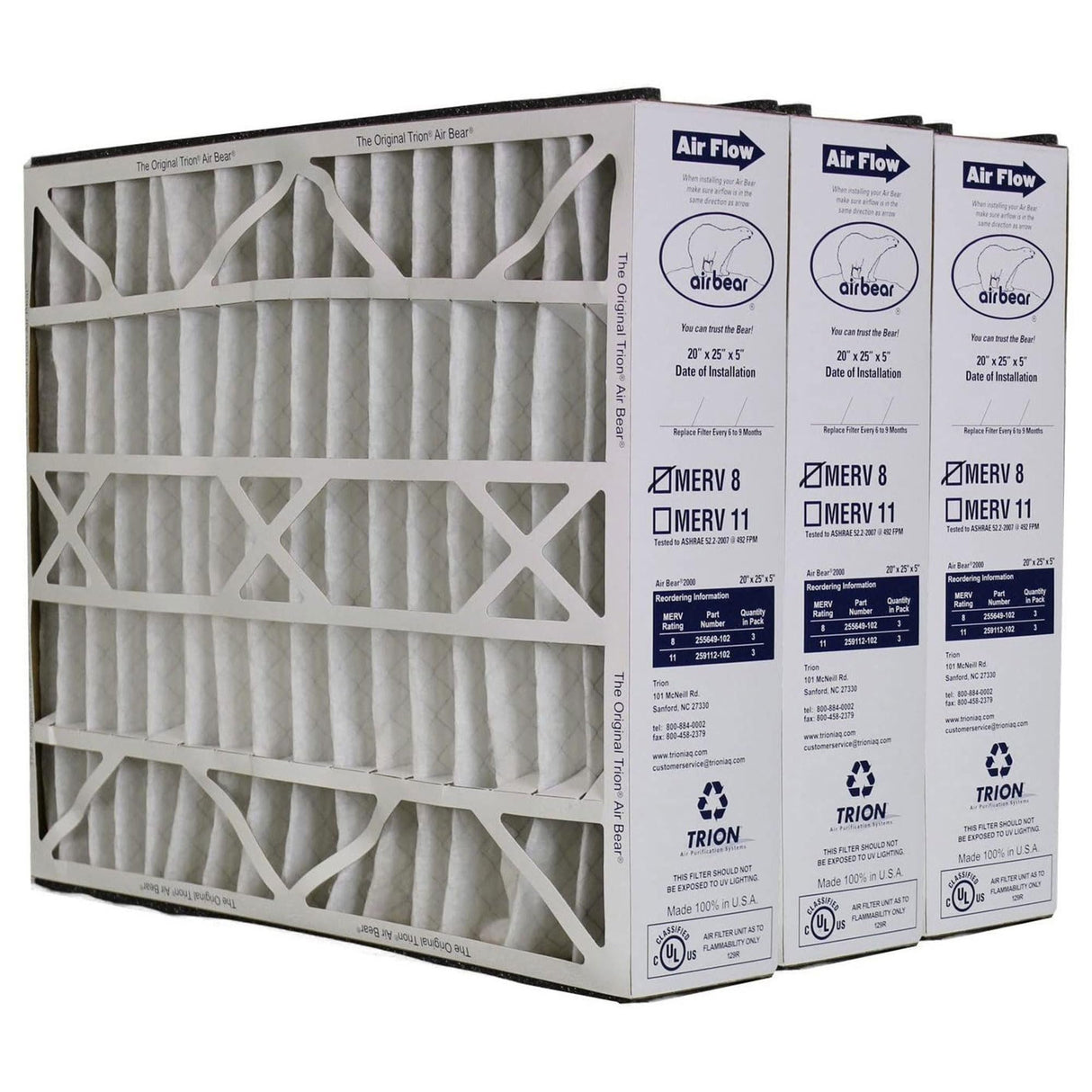 Trion 255649-102 Air Bear 20 x 25 x 5 Inch MERV 8 High Performance Air Purifier Filter Replacement for Air Bear Supreme, Right Angle, and Cub Air Cleaner Purification Systems (3 Pack)