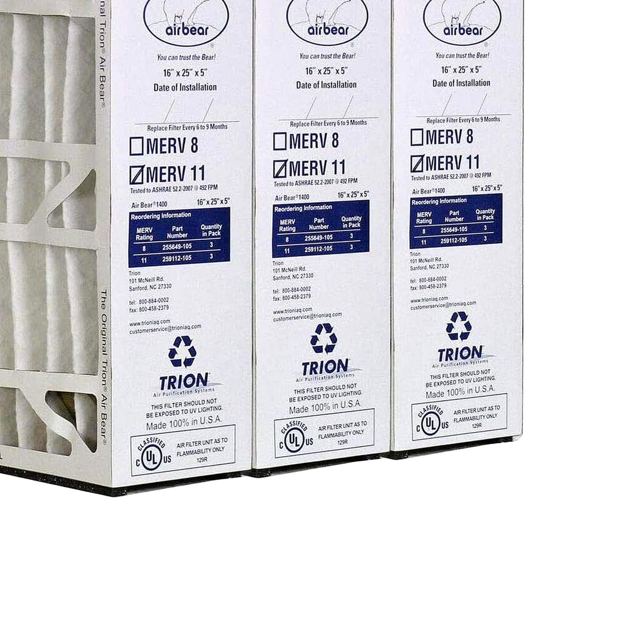 Trion Air Bear 16 x 25 x 5 Inch MERV 11 High Performance Air Purifier Filter Replacement for Air Bear Cleaner Purification Systems, White (3 Pack)